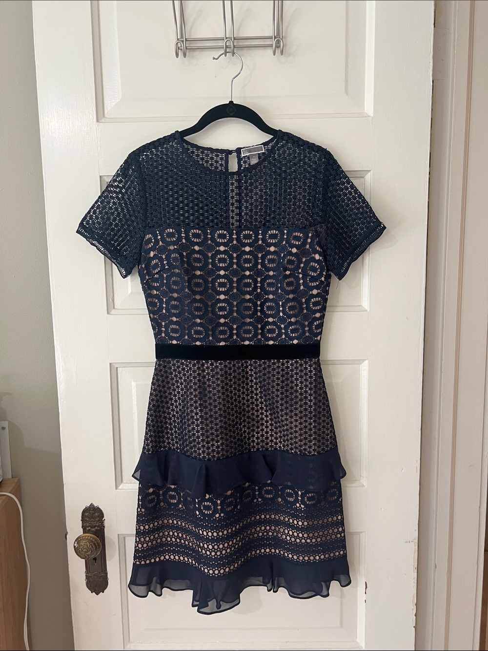 Chelsea28 Navy Lace Fit-and-Flare Dress with Black Velvet Waist